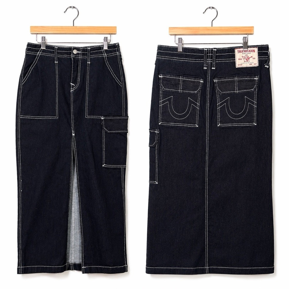 True Religion Demin Maxi Skirt Sz 27 (30) Y2K Cargo Grunge Streetwear Slit Dark - Picture 1 of 9